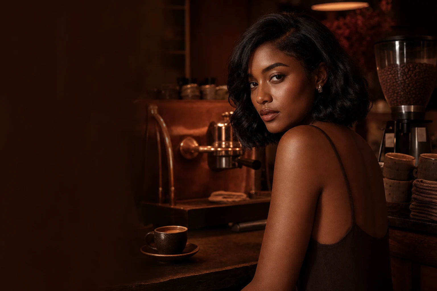 Mulher diante de uma máquina de espresso em uma cafeteria, com uma xícara de café sobre o balcão.
