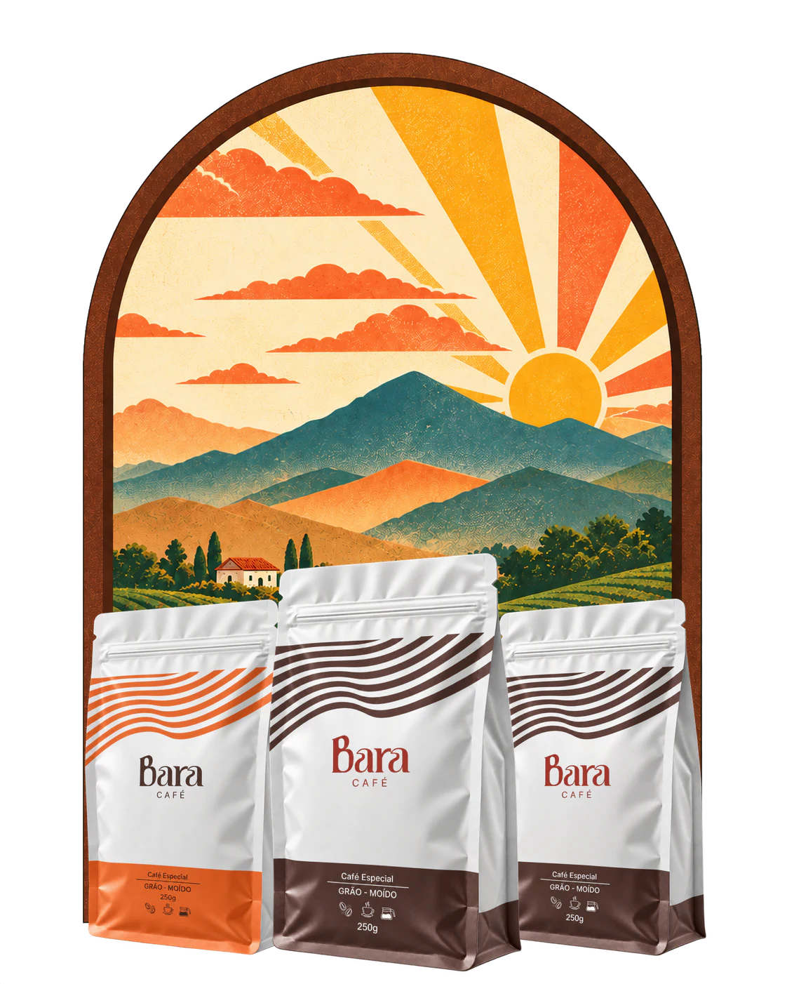Três embalagens do Bara Café diante de um portal ilustrado para uma fazenda de café nas montanhas de Minas Gerais.