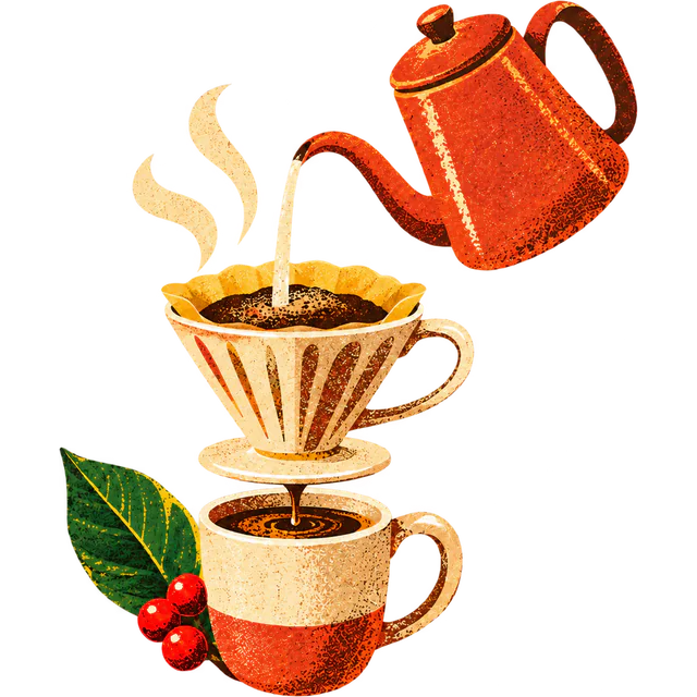 Cafeteira despejando água sobre um filtro de café, com xícara e ramo de cafeeiro.